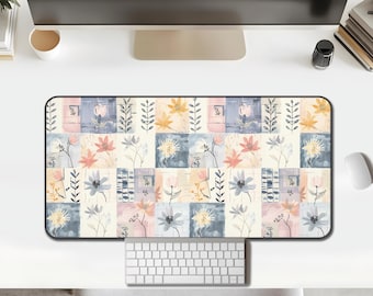 Floral Patchwork Desk Mat: Botanical Cream & Slate Workspace