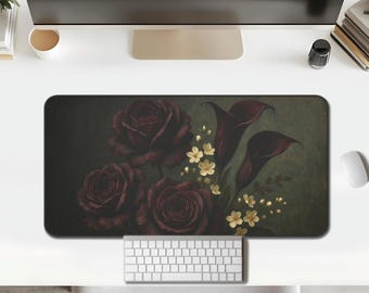 Desk Mat — Vintage Rose & Calla Bouquet, Moody Burgundy and Olive