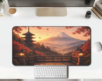 Mount Fuji Autumn Pagoda Desk Mat, Japanese Maple Sunset Landscape Mouse Pad