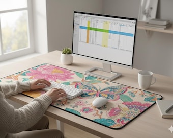 Desk Mat Butterfly Chinoiserie Garden — Teal Pink on Cream