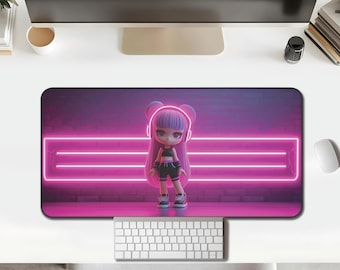 Kawaii Neon Pink Desk Mat, DJ Girl Design (Soft, Non-Slip)