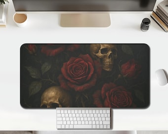 Desk Mat — Gothic Roses & Skulls, Dark Floral in Black and Deep Red
