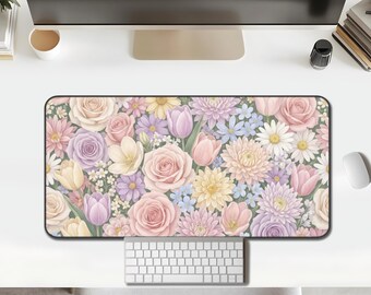 Floral Desk Mat, pastel garden pattern, cottagecore roses & tulips for office or gaming setups