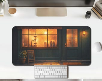 Cozy Cafe Storefront Desk Mat, Golden Hour Window Glow, Teal Shop Front Mouse Pad
