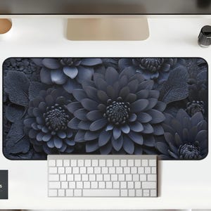 Embossed Black Floral Desk Mat: 3D Bloom Texture, Minimalist Gaming Office