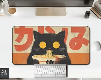 Black Cat Ramen Desk Mat: Japanese Retro Gaming & Office Decor