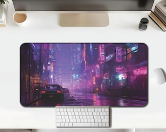 Cyberpunk City Desk Mat, neon purple & teal night street for gaming desks