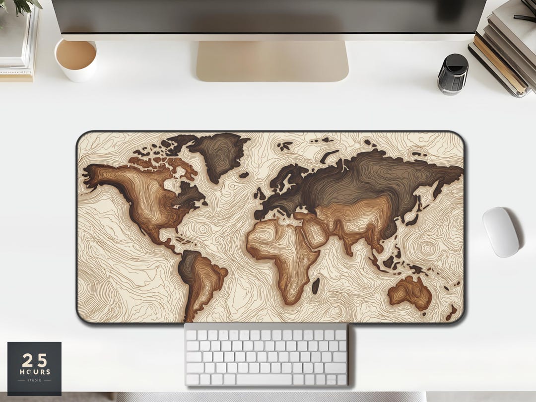 Desk Mat Topographic World Map — Woodgrain Brown on Cream - Etsy