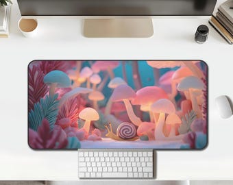Pastel Mushroom Desk Mat, whimsical pink & teal forest glow for cozy setups