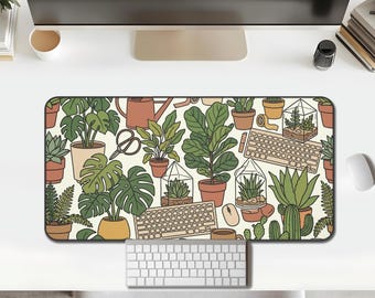 Plant Office Desk Mat, Illustrated Green & Tan Pattern for Work and Gaming