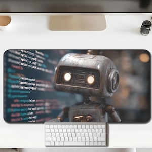May include: A rectangular desk mat featuring a detailed illustration of a robot with glowing eyes. The robot is set against a backdrop of computer code. A white keyboard and mouse are in the foreground.