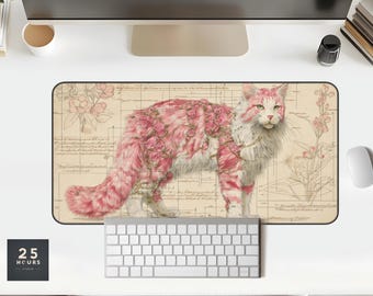 Alfombrilla de escritorio con diseño de gato botánico: alfombrilla de ratón con arte floral vintage