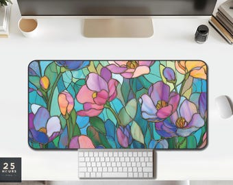 Desk Mat Stained-Glass Flowers — Teal Aqua & Pastel Garden