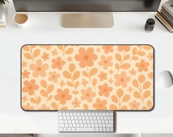 Floral Desk Mat, Orange Retro Flower Pattern, Warm Peach Palette Desk Pad for Home Office, Study, and Gaming