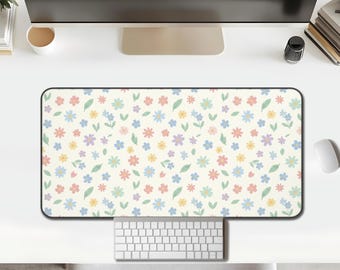 Mini Daisy Meadow Desk Mat, pastel scatter floral pattern on cream