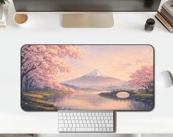 Cherry Blossom Mount Fuji Desk Mat, Sakura River Bridge Landscape Mouse Pad
