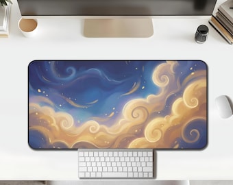 Sunset Swirl Clouds Desk Mat, blue & gold fantasy sky art for typing, gaming, and cozy office setups