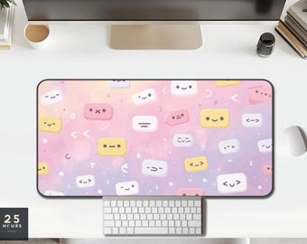 Desk Mat Kawaii Kaomoji — Pastel Pink Purple Gradient with Confetti