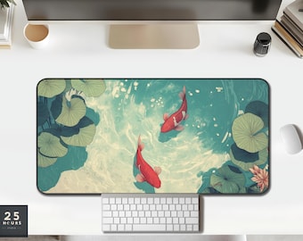 Desk Mat Koi Pond & Lotus — Aqua Teal with Sage Lily Pads and Red Koi