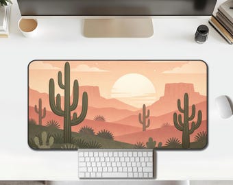 Desert Sunset Desk Mat, Cactus Landscape, Terracotta & Sage, Minimal Southwest Style