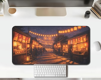 Japanese Night Market Desk Mat, Festival Lanterns Large Mouse Pad, Anime Gaming Pad