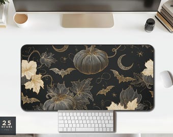 Desk Mat Pumpkin Bats & Moons — Black Gold Gothic Pattern