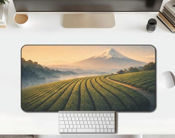 Mount Fuji Tea Field Desk Mat, Japanese Plantation Morning Large Mouse Pad