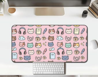 Kawaii Cat Desk Mat, Pastel Pink Doodle Pattern for Cute Workspaces