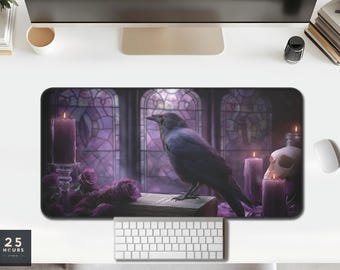 Desk Mat Gothic Raven & Candles — Stained Glass Purple Night