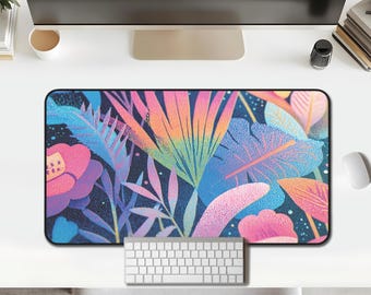 Desk Mat – Tropical Neon Botanical, Pink Teal on Midnight