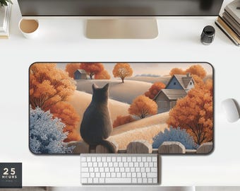 Desk Mat Autumn Cat Landscape — Cottagecore Orange Wheat & Blue