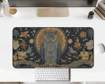 Celestial Owl Desk Mat | Mystical Nocturnal Art Desk Pad for Office & Gaming