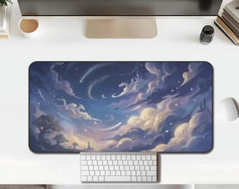 Starry Night Desk Mat, Castle Silhouette, Celestial Gaming Office