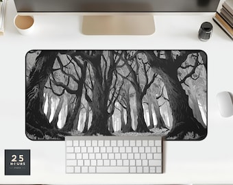 Enchanted Forest Desk Mat: Monochrome Woodland Gaming & Office Decor