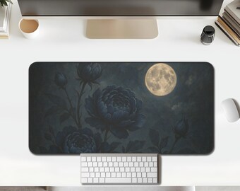 Desk Mat — Moonlit Peonies, Night Garden in Deep Blue & Gold
