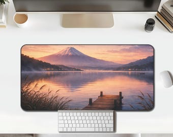 Mount Fuji Lake Sunset Desk Mat, Dock Reflection Large Mouse Pad, Scenic Japan Pad