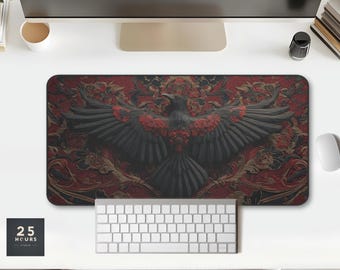 Gothic Raven Desk Mat: Red Floral Tapestry Extended Mouse Pad
