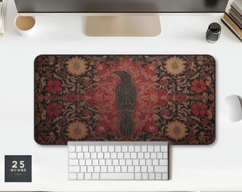 Victorian Raven Desk Mat: Gothic Red & Gold Floral Damask