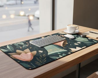Desk Mat Folk Floral Bells — Deep Teal with Blush & Gold