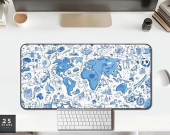 Desk Mat World Map Travel Doodle — Blue & White Sketch