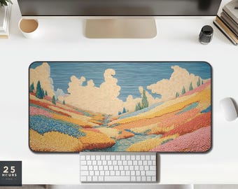 Desk Mat Pastel Hills & Swirl Clouds — Textured Landscape Blue Peach