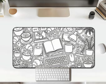 Desk Mat, Coffee Shop Doodle — Monochrome Office Pattern