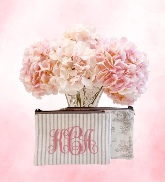 Personalized French Toile Ticking Stripe Zip Pouch. Small Zippered