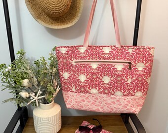 Summer Beach Bag, Poolside Bag, Pink and White Tilda Seashell Fabric Tote