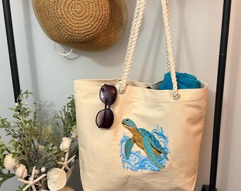 Canvas Beach Bag • Sea Turtle Design, Rope Handle Tote Bag, Embroidered