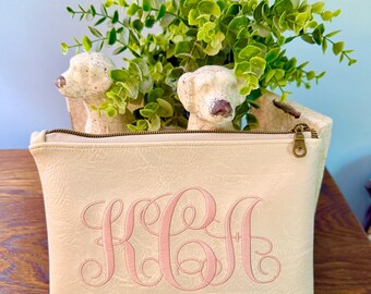 Vegan Leather Cosmetic Pouch, Personalized Ivory Cosmetic Bag for Men or Women