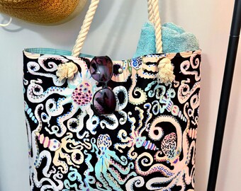 Beach Bag, Octopus Tote Bag with Rope Handles – Summer Vacation Carryall