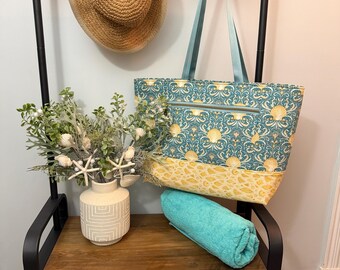 Summer Beach Bag, Poolside Bag, Tilda Seashell Fabric Tote