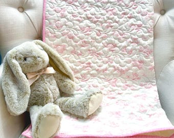 Quilted Baby Blanket, Handmade Pink and White Teddy Bear Toile Quilt