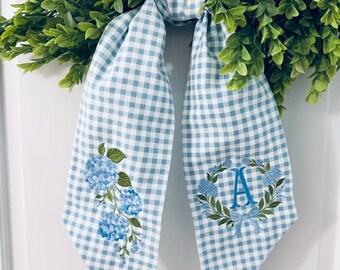 Spring Wreath Sash, Personalized Blue Hydrangea Ribbon Sash